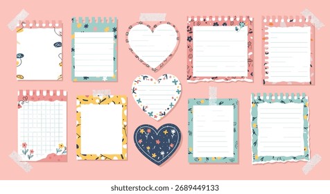 Conjunto de blocos de notas em branco com várias bordas coloridas, corações e desenhos florais. Perfeito para planejadores, organizadores ou diários.