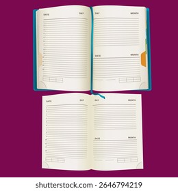 Set of blank open planner or diary interior pages with lined sections for date, day, and notes.