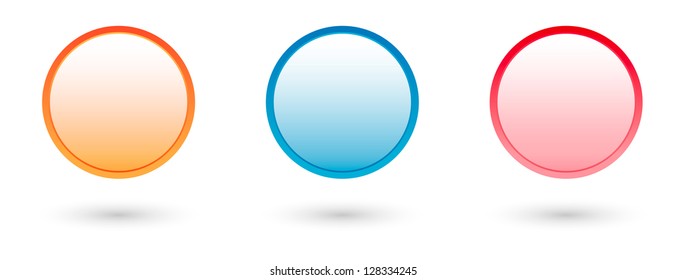 Set of blank orange, blue and red glossy buttons.