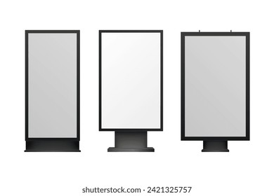 Set of blank outdoor advertising lightbox, street advertising light display mockup. Light box, citylight, billboard template on white background.