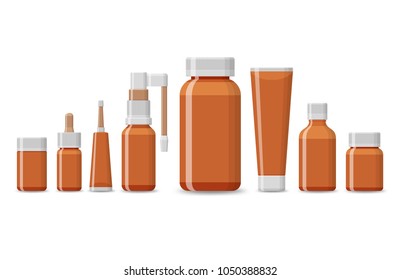 Set of blank package for medical product isolated on a white background. Vector mockup. Glass brown tubes  for pharmacy drugs isolated on white background. 