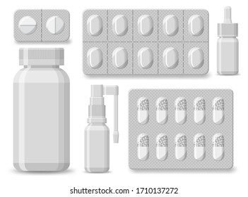 Set of blank package for medical products isolated on a white background. Realistic pills blisters with tablets and capsules. Plastic tubes for pharmacy drugs. Vector mockup.