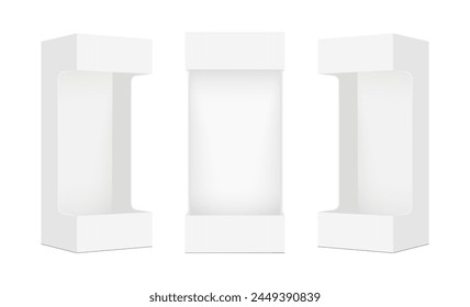 Conjunto De Caja De Embalaje En Blanco Con Ventana, Vista Frontal Y Lateral, Aislado Sobre Fondo Blanco. Ilustración vectorial