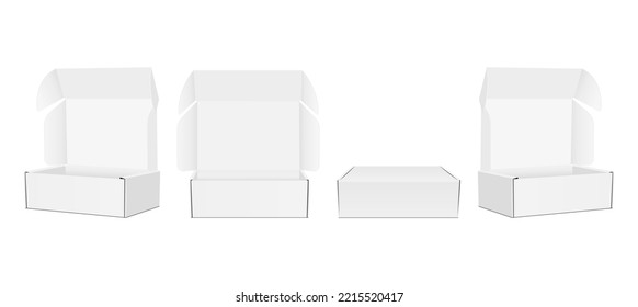 Set of Blank Packing Boxes, Opened, Closed, Front and Side View, Isolated on White Background. Vector Illustration