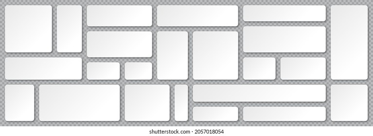 Set of blank paper banners with shadows on transparent background. Adhesive stickers, labels with rounded corners. Vector illustration.