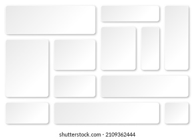 Set of blank paper banners with shadows isolated on white background. Adhesive stickers, labels with rounded corners. Vector illustration.