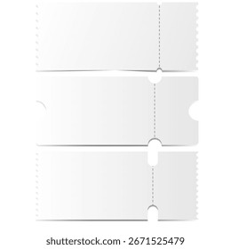 Conjunto de etiquetas de papel en blanco y Cupones sobre fondo blanco. Plantillas de entradas vacías para descuento, cupón, venta, Tarjeta de regalo, entrada de evento o etiqueta de Precio. Diseño realista del Cupón en blanco del Vector