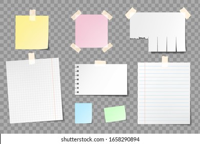 Conjunto de papel en blanco para notas. Aislado sobre un fondo transparente. Ilustración vectorial.