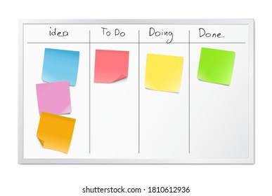 Set of blank paper notes on kanban whiteboard. Vector illustration. EPS10.