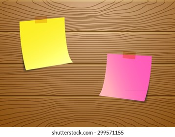 Set of blank paper notes on wooden background.