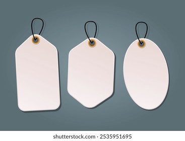 Set blank paper price tags or gift tags. Paper labels with cord vector image