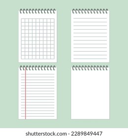 Set of blank paper sheets of notepad, spiral notebooks, checkered and lined pages.