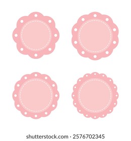 Set of blank pastel pink round scallop edge labels. Flat design illustration.