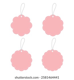 Set of blank pastel pink round scallop edge gift tags with white borders. Flat design illustration.