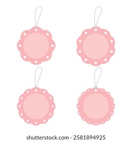 Set of blank pastel pink round scallop edge gift tags. Flat design illustration.