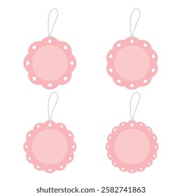 Set of blank pastel pink round scalloped gift tags with heart-shaped edges. Flat design illustration.

