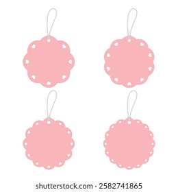 Set of blank pastel pink round scalloped gift tags with heart-shaped edges. Flat design illustration.

