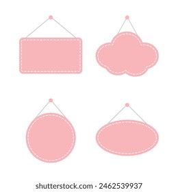 Set of blank pastel pink with white stitch-edged hanging sign. Flat vector illustration.