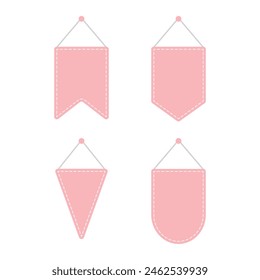 Set of blank pastel pink with white stitch-edged hanging sign. Flat vector illustration.