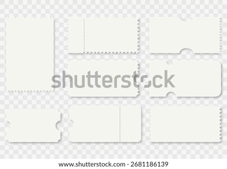 Set of blank perforated ticket templates on transparent background