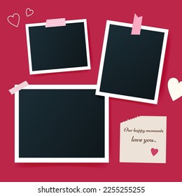 Set of blank photo cards on holiday Valentine's Day on color Magenta background. Snapshot of happy moments of love. Vector illustration