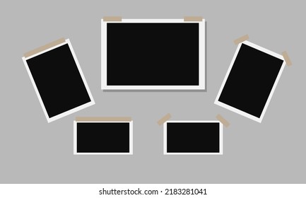 Set of blank photo frame with adhesive tape isolated on gray background. Vector illustration. EPS 10.