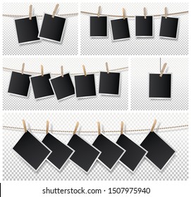 Set of blank photo frame set hanging on rope. Realistic detailed photo icon design template. Vector illustration isolated on transparent background.