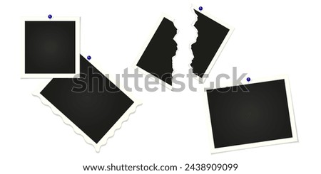 A set of blank photo frames of different sizes. Retro snapshots, mockup of snapshots attached with buttons, torn old photo. Realistic template with shadow.