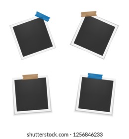 Set of blank photo frames with shadow. Photo frames with adhesive tape. Empty template for photography and picture. Realistic blank instant photo card. Vector illustration.