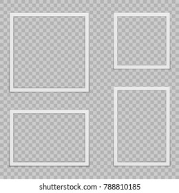 Set of blank photo frames with shadow. Isolated on transparent background. Empty template for photography and picture.