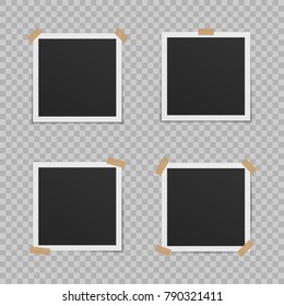 Set of blank photo frames with shadow, with adhesive tape. Isolated on transparent background. Empty template for photography and picture.