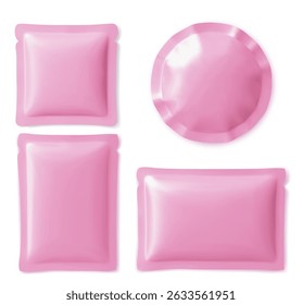 Set of blank pink foil packaging pouches and sachet bags in various shapes - square, round and rectangular. Glossy metallic plastic packs for cosmetic, face mask or food product. 3d packet mockups.