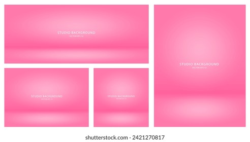 Un conjunto de fondos de estudio rosa en blanco. Una colección de salas de estudio vacías para una sesión de fotos o una presentación. EPS vectorial 10.