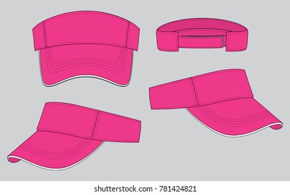 Set Blank Pink Sun Visor Cap With White Sandwich And Adjustable Hook And Loop Strap Vector.