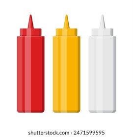 Set of blank plastic bottles for fast food. Mayonnais, mustard, ketchup. White, red, wellow containers for sauces and dressings. Vector illustration in flat style