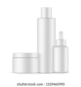 Set of blank plastic containers mockups: bottle with cap, dropper bottle and cream jar. Vector illustration