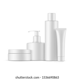 Set of blank plastic containers mockups: bottle with cap, bottle with pump, cream jar, tube. Vector illustration