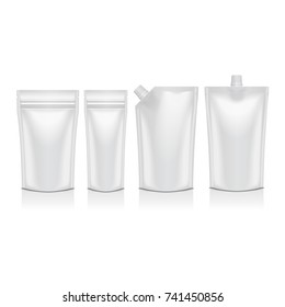 Set Of Blank Plastic Doypack Stand Up Pouch With Spout. Flexible Packaging Mock Up For Food Or Drink For Your Design