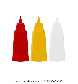 Set of blank plastic white, red, yellow bottle for sauce design template, fast food icons, vector illustration