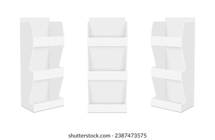 Set Of Blank POS Display Stand Mockup With Shelves, Front, Side View, Isolated on White Background. Vector Illustration