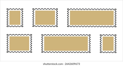 Set of blank postage stamp frames in black and gold colors. Vector rectangular templates with perforated edges for mail, labels, scrapbooking, vintage design, and decorative layout.