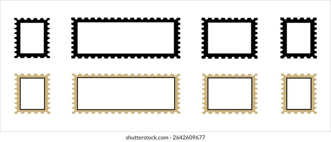 Set of blank postage stamp frames in black and gold colors. Vector rectangular templates with perforated edges for mail, labels, scrapbooking, vintage design, and decorative layout.