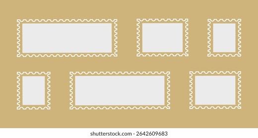 Set of blank postage stamp frames in black and gold colors. Vector rectangular templates with perforated edges for mail, labels, scrapbooking, vintage design, and decorative layout.