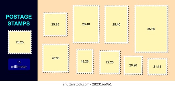 Set of blank postage stamp templates with perforation and standard metric dimensions in millimeters for philately and design layouts