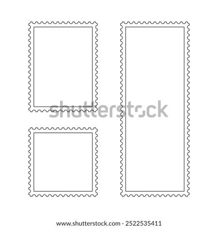 Set of blank postage stamp vector frames with perforated edges in square, rectangle and panoramic outline formats