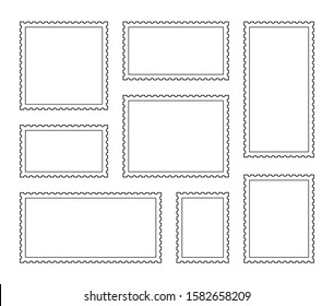 Set blank postage stamp. Vintage frames. Toothed border mailing postal sticker template. Vector graphic design.