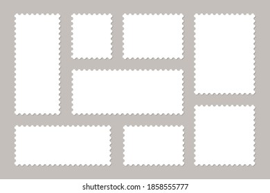 Set of blank postage stamps. Frames of postage stamps for mail envelopes. Vector.