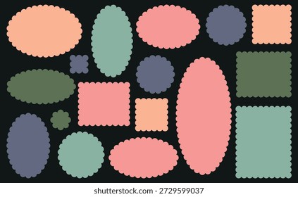 A set of blank postage stamps. Geometric shapes with perforated edges on a black background. Vector flat illustration. 