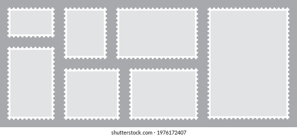 Set of blank postage stamps. Blank letter stamps, postal frame. Vector illustration.