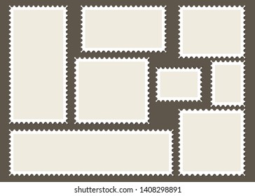 Set of blank postage stamps on a dark background